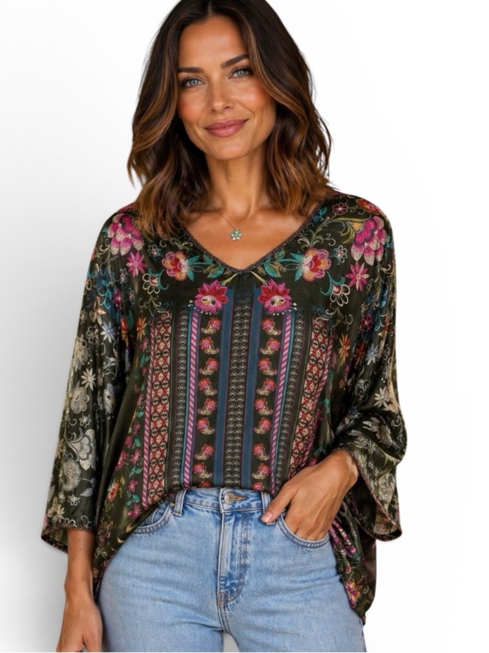 Johnny Was Forza Carson V-Neck 3/4 Sleeve Silk Top NWT